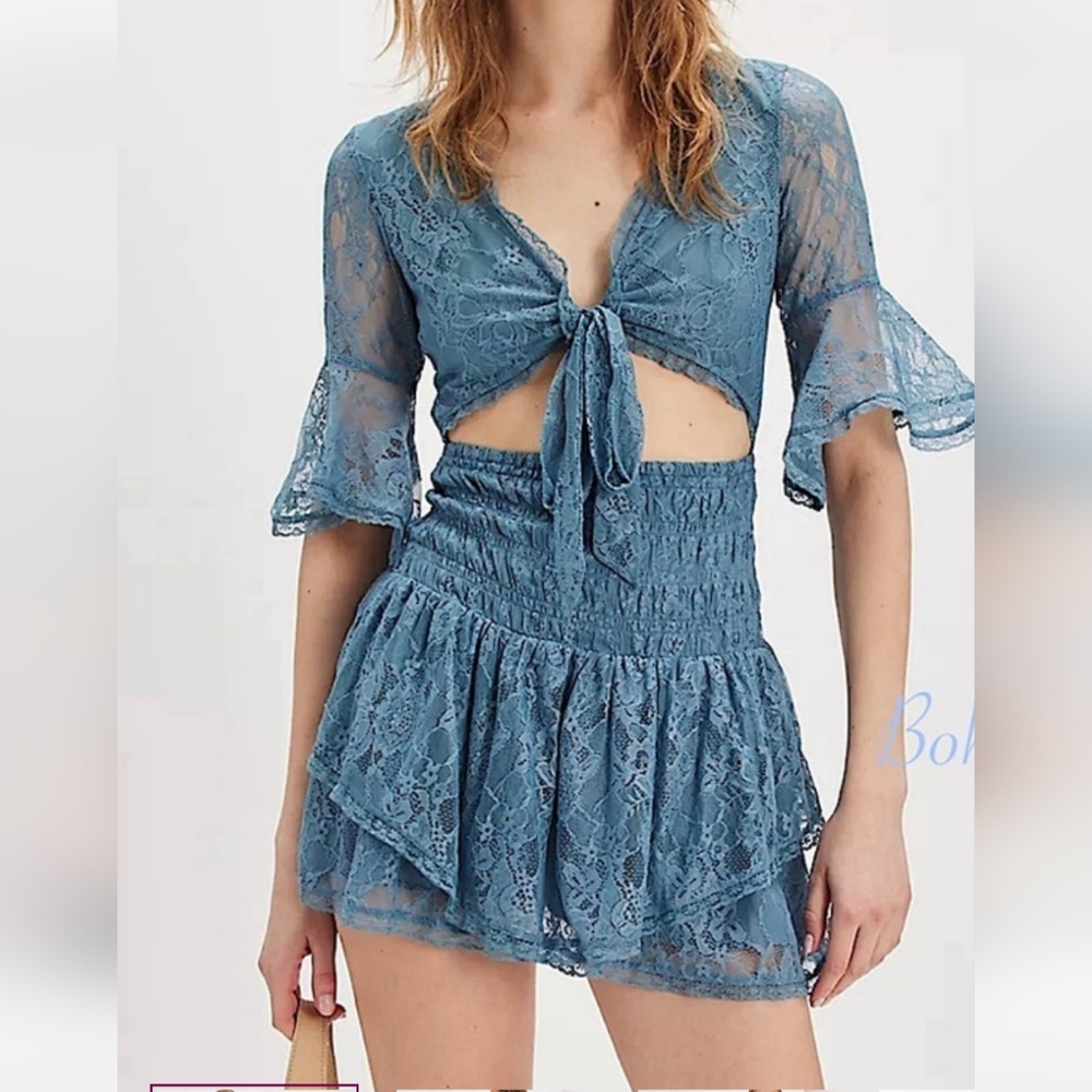 Free People Lala Lace Sheer  V-Neck Mini Dress in Baby Denim Blue